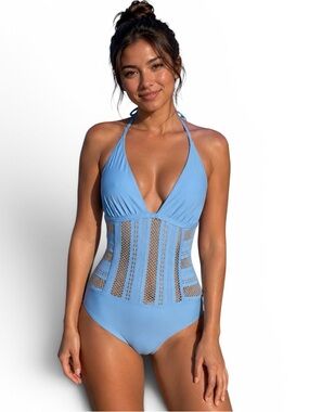 Ella Moss Heart AFlutter Solid/Crochet Halter One Piece Swimsuit Blue Sz S NEW!